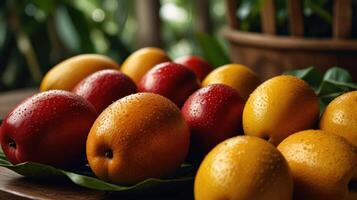 A bowl of red and yellow fruits on a table photo