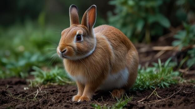 Brown rabbit in garden setting photo