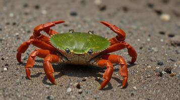 Close-up of a colorful crab on sand photo