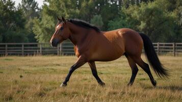 A chestnut horse in motion across a field photo