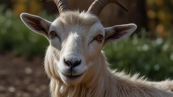 A goat with big horns standing in the grass photo