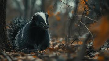 A skunk in a fall forest photo