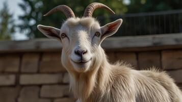 A goat with long horns standing in front of a stone wall photo