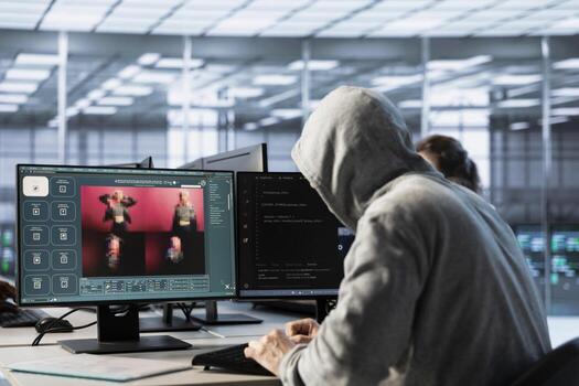 System administrator in server hub coding AI program turning text prompt into photos. Hooded man in data center using computer to build text to image artificial intelligence generative models photo