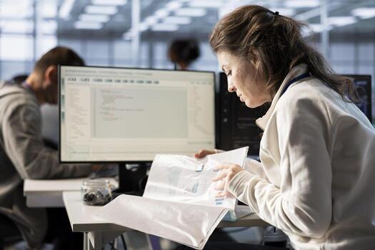 Inspector checking documents in server hub to ensure compliance with industry standards and regulatory requirements. Admin inspecting files, overseeing data center workplace security protocols photo
