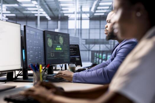 System administrator receiving access granted notification while reconfiguring server farm, optimizing it. IT specialist ensures data center operates efficiently, successfully eliminating all errors photo