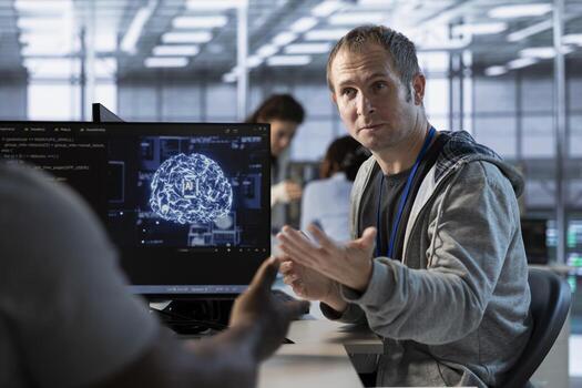 equipo de administradores utilizando artificial inteligencia tecnología a optimizar datos centrar lugar de trabajo. compañeros de trabajo haciendo lluvia de ideas en servidor centro, utilizando ai tecnología a línea de corriente operaciones y precisamente pronóstico cuestiones foto