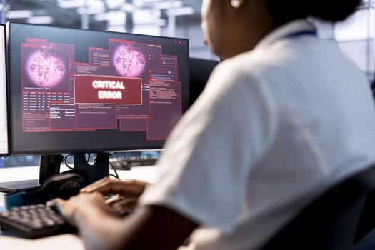 Computer scientist in server hub investigating breach alerts, working to protect infrastructure from hacker. Worker typing on PC keyboard, fixing critical error, trying to mitigate security risks photo