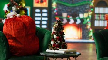 Fire burning in empty room fireplace decorated with Christmas tree, lights and other ornaments during winter holiday season. Christmas stockings and paintings above fireside in Santa Claus workshop photo