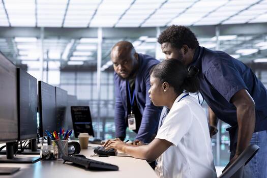 Teamworking technicians reconfiguring server farm to optimize it for data processing requirements of customers. Colleagues cooperating to ensure data center equipment operates efficiently photo