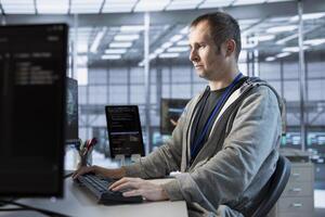 Computer scientist implementing cybersecurity measures to protect data center assets and information. Server hub IT expert monitoring and analyzing metrics to enhance operational effectiveness photo