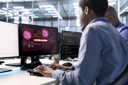 Group of engineering team coworkers in server hub working to protect equipment from hacker. Men in data center establishment in need of help from technicians to fix security breach alert photo