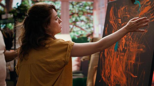 Team of artists in a gallery atelier working on new art piece, using finger painting technique for abstract creation. Blending acrylic paints with precision to create contemporary design. Camera A. photo