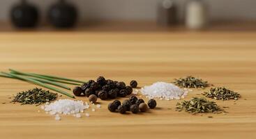 Salt, pepper, and herbs on a table photo