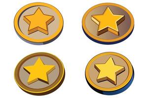 3D isometric star icon placed inside a circular badge frame, shiny metallic gold surface, realistic reflections vector