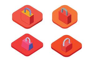 3D isometric shopping bag icon with handles, placed in a rounded square badge, bright coral red color, smooth plastic texture vector
