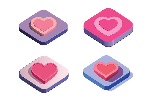 3D isometric heart icon floating inside a rounded square badge, matte pastel pink finish, subtle highlights and shadows, white background