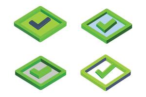 3D isometric checkmark symbol inside a rounded square frame, fresh lime green color, smooth matte texture, soft ambient lighting vector