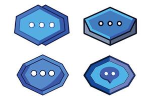 3D isometric speech bubble with three dots inside, sitting in a hexagonal badge, cool blue gradient, semi-glossy texture vector