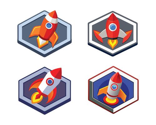 3D isometric rocket icon launching upwards, enclosed in a pentagon badge shape, shiny chrome and red details, fire and smoke