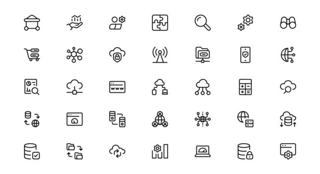 Icon Collection for Web Hosting Including Server Management, Cloud Hosting, Domains, Security, and Web Infrastructure icon Tools for Digital Assets. vector