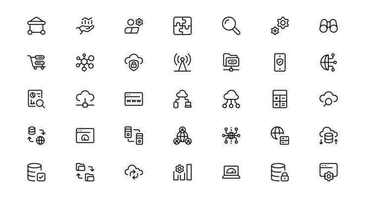 Icon Collection for Web Hosting Including Server Management, Cloud Hosting, Domains, Security, and Web Infrastructure icon Tools for Digital Assets.