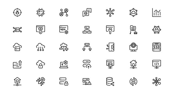 Web Hosting icon Including Server Management, Cloud Hosting, Domains, Security, and Web Infrastructure Tools for Digital Assets