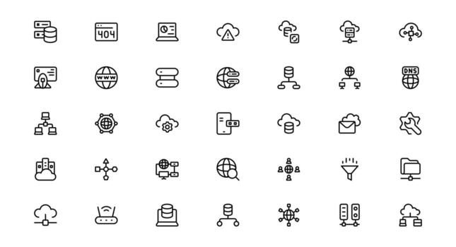 Modern icon set Web Hosting Including Server Management, Cloud Hosting, Domains, Security, and Web Infrastructure Tools for Digital Assets vector