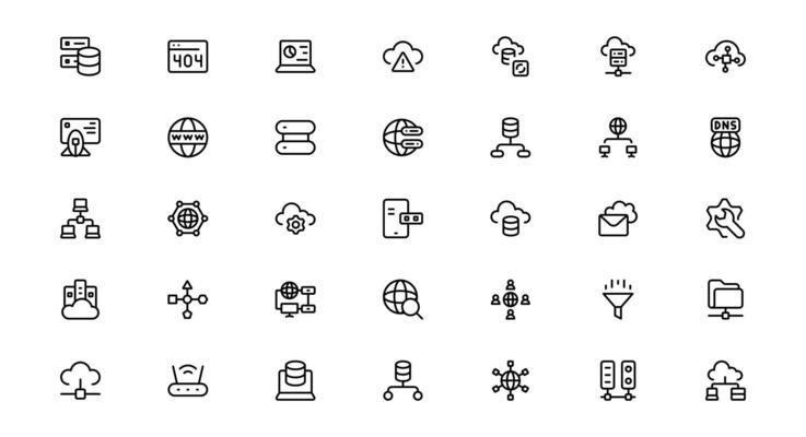 Modern icon set Web Hosting Including Server Management, Cloud Hosting, Domains, Security, and Web Infrastructure Tools for Digital Assets