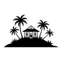 Tropical island house with palm trees silhouette vector