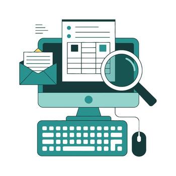 computadora pantalla con hoja de cálculo y aumentador vaso vector