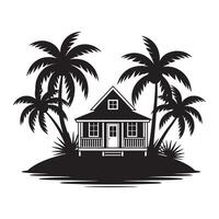 Tropical island bungalow with palm trees vacation, vector