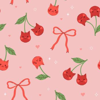 Seamless pattern with cats-cherries and bows. graphics. vector
