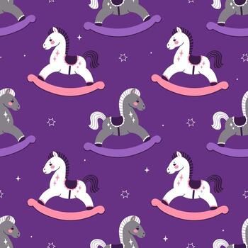 Seamless pattern with rocking horses on a purple background. graphics. vector