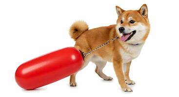 A dog is standing next to a large red pill photo