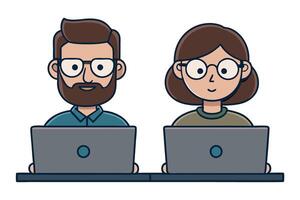 a man and woman working together on their laptops in a modern and minimalistic office setting vector