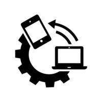 Digital technology gear icon with smartphone and laptop integration, illustrating seamless connectivity and modern tech solutions tech icon vector