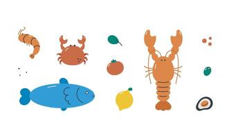 Sea food set with lobster, crab, shrimp, mussels, fish. Flat cartoon illustration isolated on white background. vector