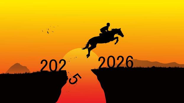 Silhouette of a person riding a horse jumping from 2025 to 2026 over a cliff, symbolizing transition, progress, and new year goals vector