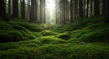 A forest with green moss and trees photo