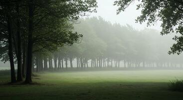 A field of trees in the fog photo