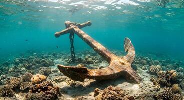 An anchor is sitting on the bottom of a coral reef photo