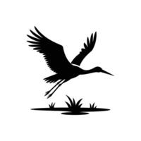 A black and white silhouette of a crane flying over a lake vector