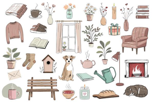 Big set of cozy home sketch elements. Pastel colors, hand drawn doodle style. Window, armchair, cup, slippers, plants.