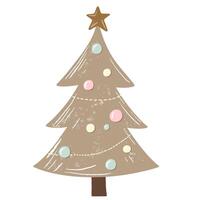 Beige christmas tree with pastel toys. Hand drawn winter illustration in soft style for cozy holiday design vector