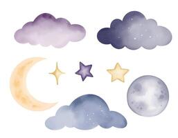 watercolor clouds moon and stars vector