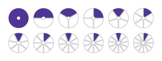 Set of circles divided diagrams 1, 2, 3, 10, 7, 8, 9, 10, 11, 12 equal parts. Lilac graph pie, pizza shape section charts icons. Coaching blank templates. Segments wheel round divide infographic. vector