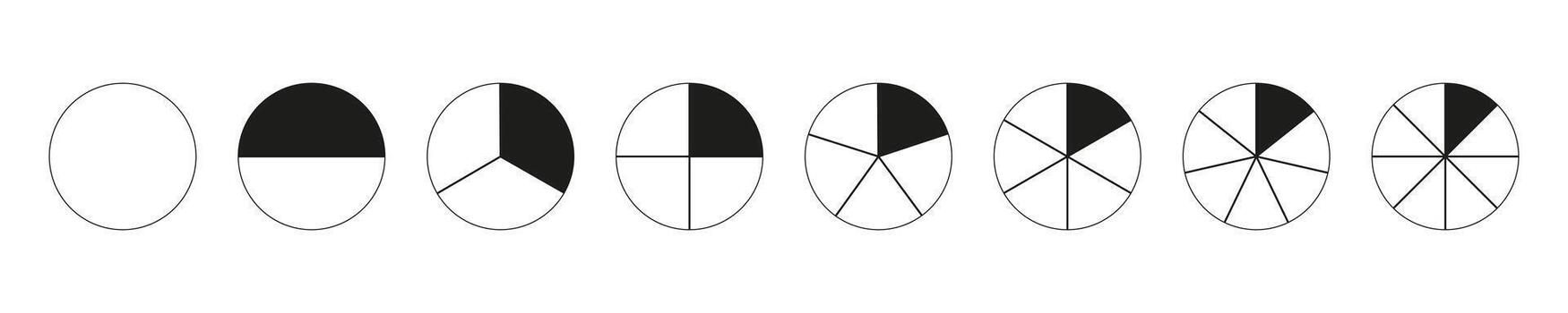 Circle division on from 1 to 8 equal parts. Pizza, pie charts. Round divided diagrams with from one to eight segments. Set of Infographic, coaching blanks. Segmented pinwheel black and white elements. vector