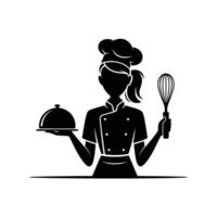A black and white silhouette of a woman in a chef hat holding a bowl and a whisk vector