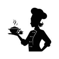 A silhouette of a woman holding a pot with a bowl of food vector
